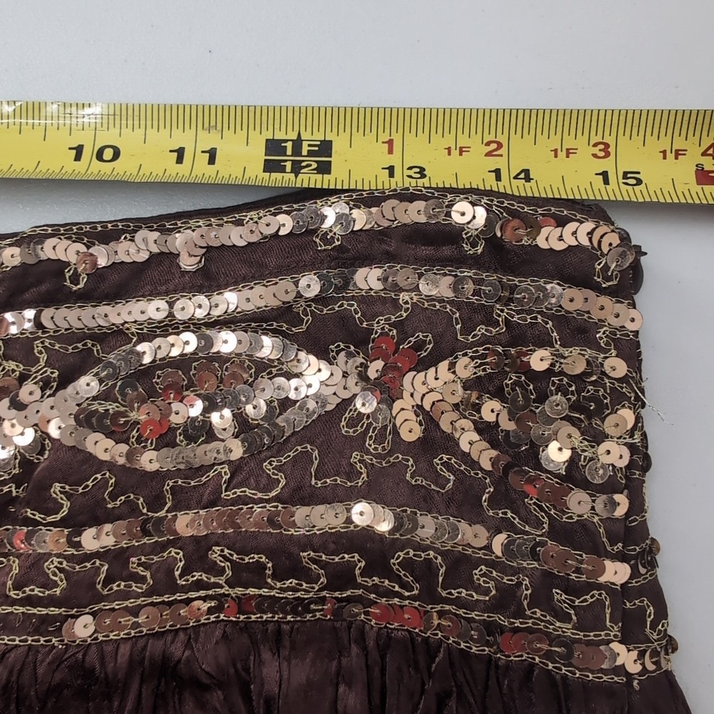 Cache Brown Crinkle Broomstick Midi Skirt Sequin Embroidered Waist Boho Womens 2 - Picture 3 of 11